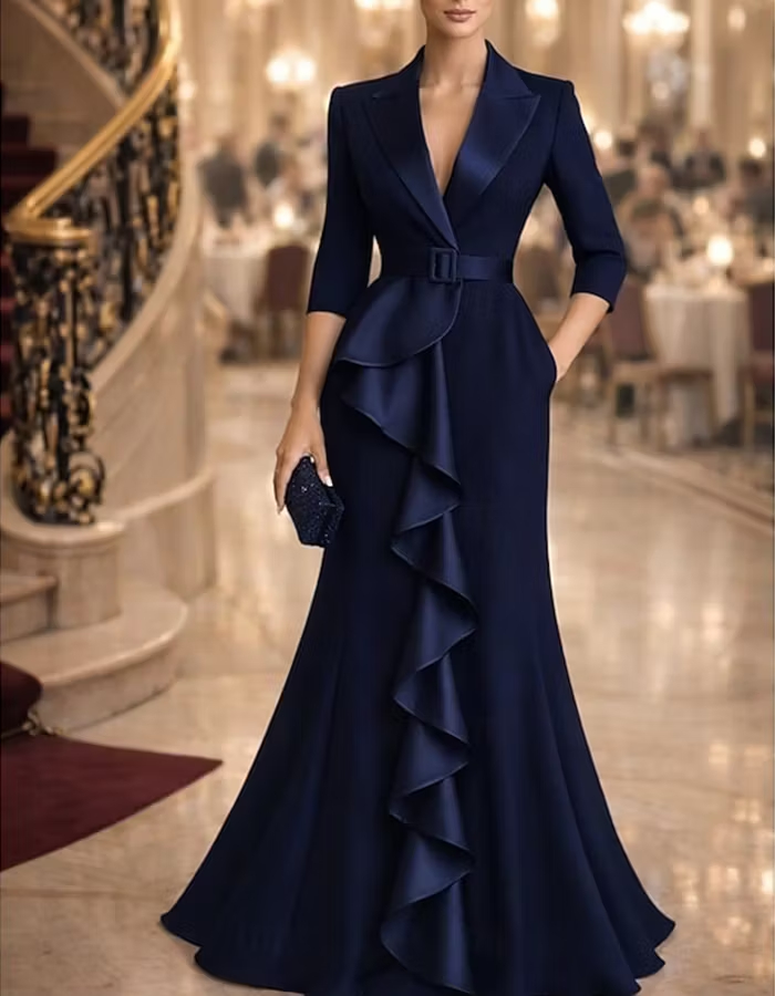 V Neck 3/4 Sleeve Belted Waist Cascading Ruffle Satin Maxi Dress