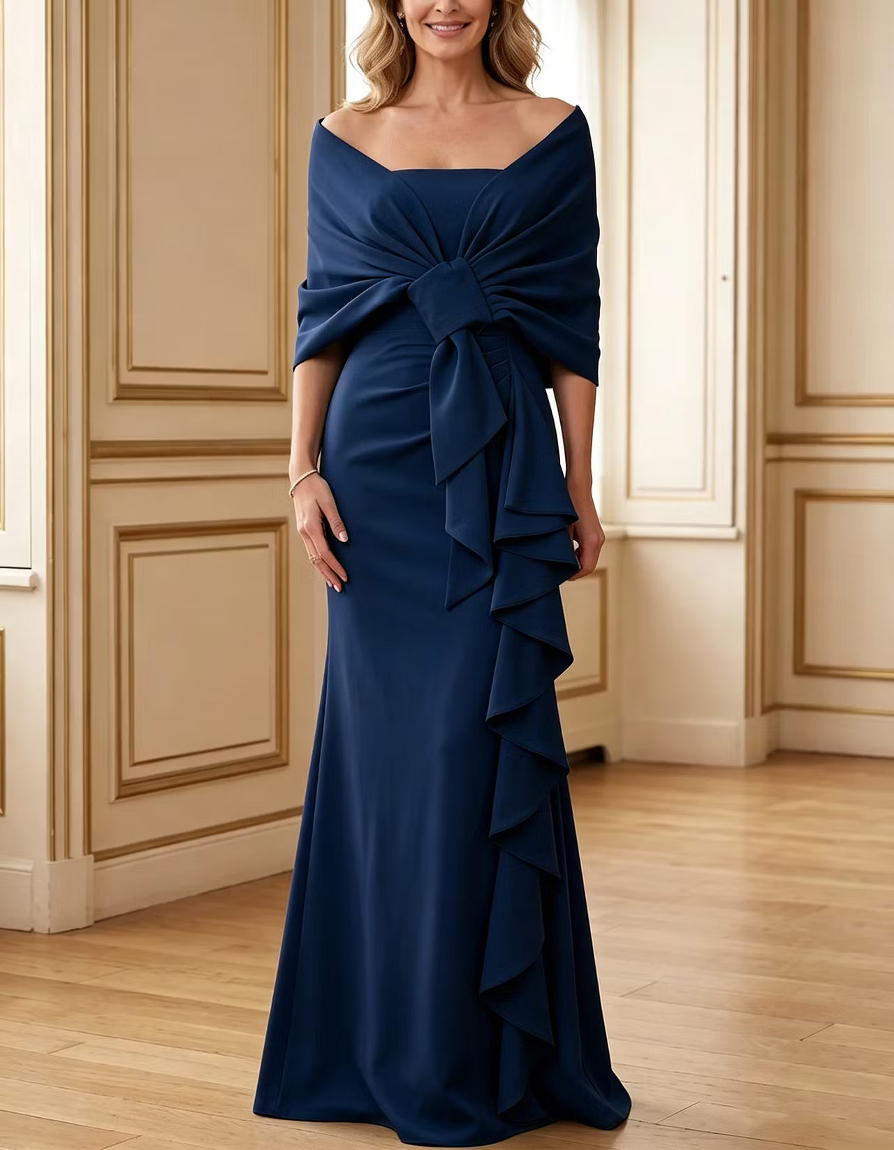 Light Blue Off-Shoulder Square-Neck Bow Ruffle Mermaid Maxi Dress