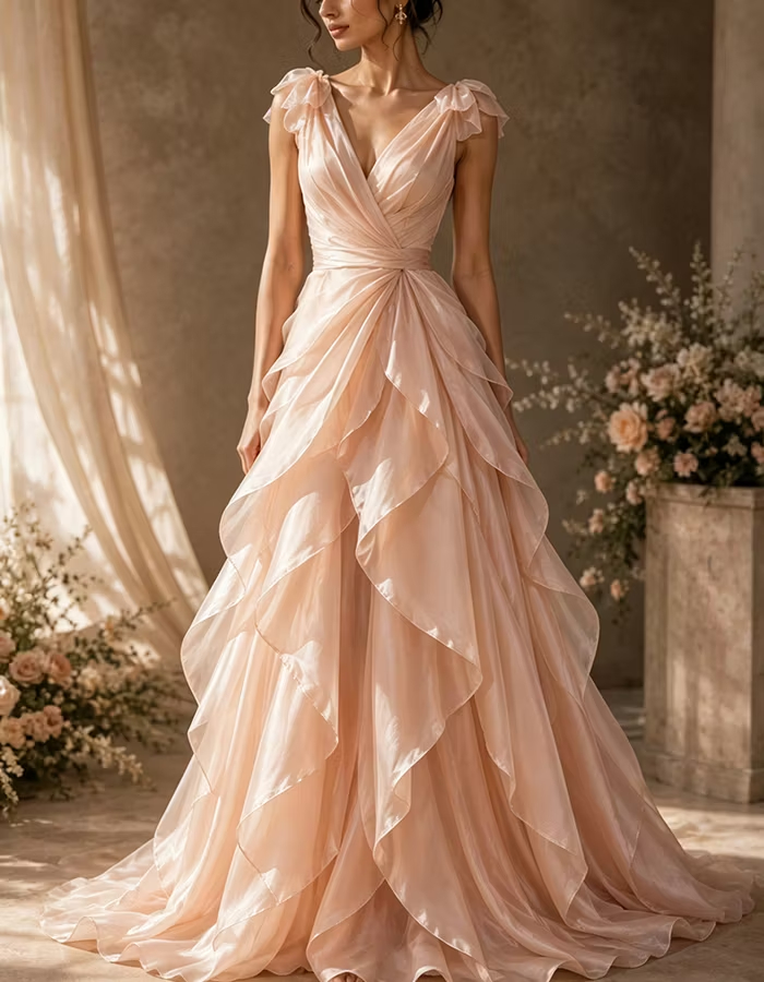 Organza Deep V Ruffle Shoulder Bow Surplice Twist Waist Maxi Dress