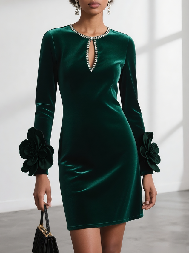 Black 3D Floral Rhinestone Velvet Crew Neck Long Sleeve Sheath Mini Dress