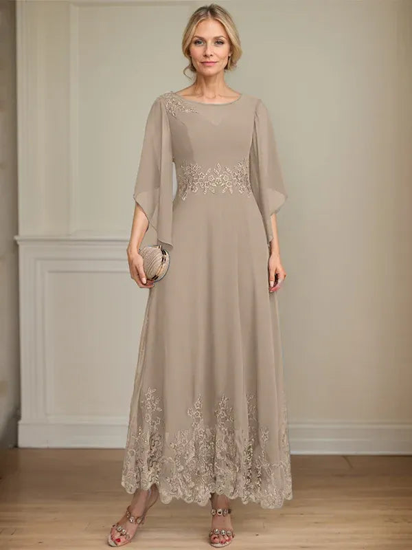 A-line Scoop Illusion Ankle-Length Lace Chiffon Mother of the Bride Dress With Sequins
