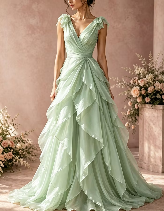 Organza Deep V Ruffle Shoulder Bow Surplice Twist Waist Maxi Dress