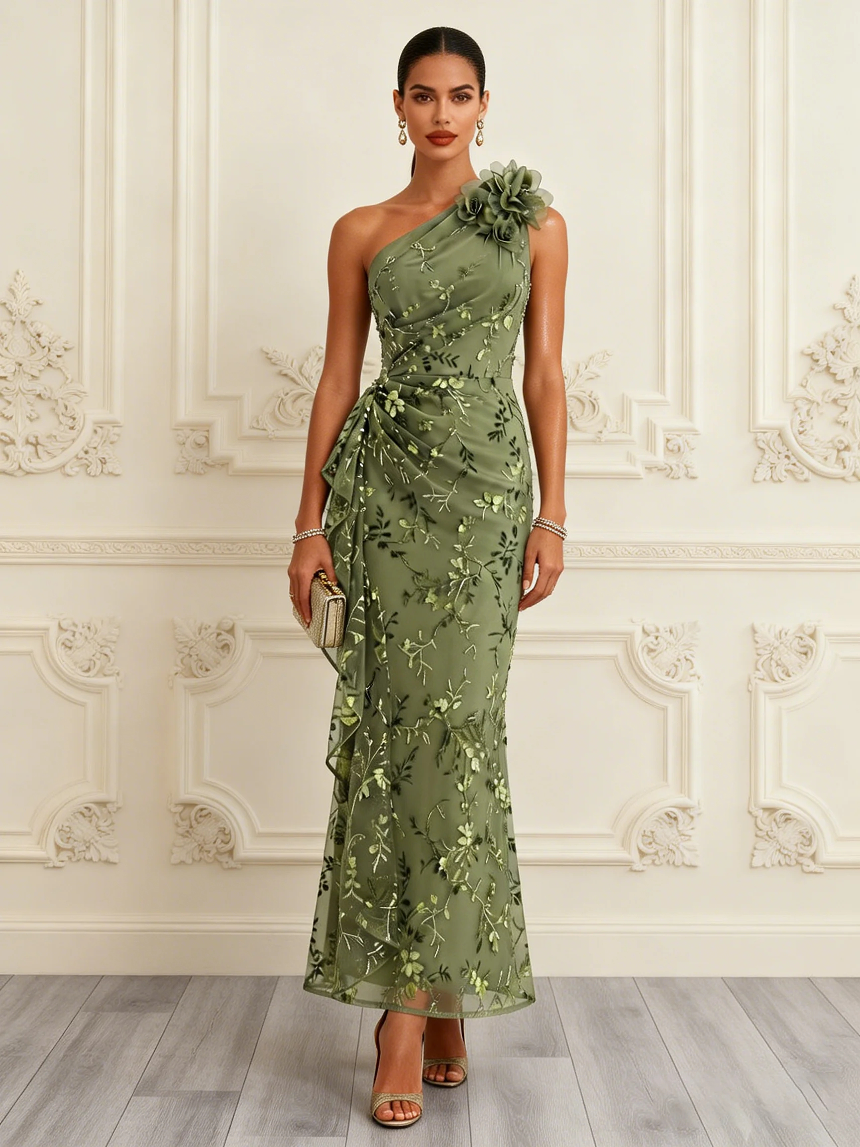 Sage Green One Shoulder Floral Midi Dress