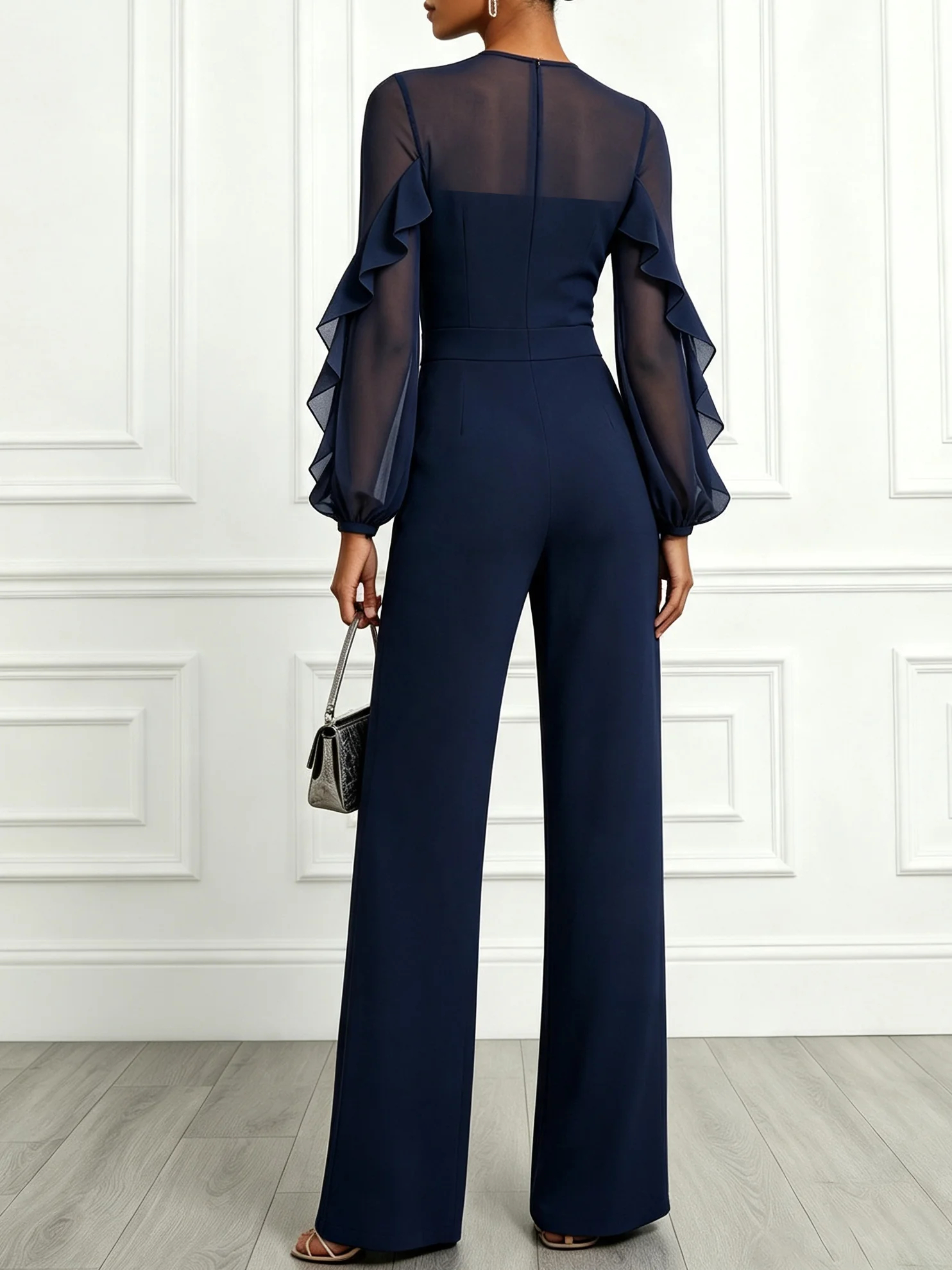 Navy Blue Ruffled Crew Neck Long Sleeve Balloon Sleeve Elegant Jumpsuit