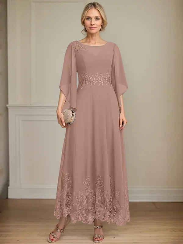 A-line Scoop Illusion Ankle-Length Lace Chiffon Mother of the Bride Dress With Sequins