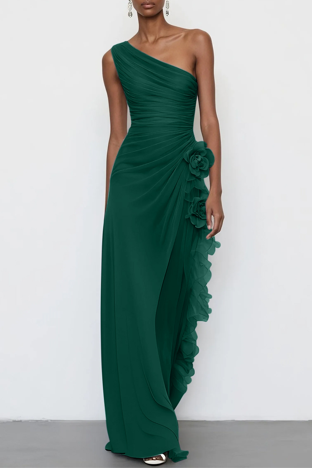 Light Blue 3D Floral Chiffon One Shoulder Sleeveless Sheath Maxi Dress