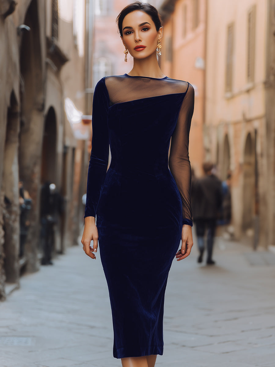 Sheer-Yoke Velvet Bodycon Midi Dress