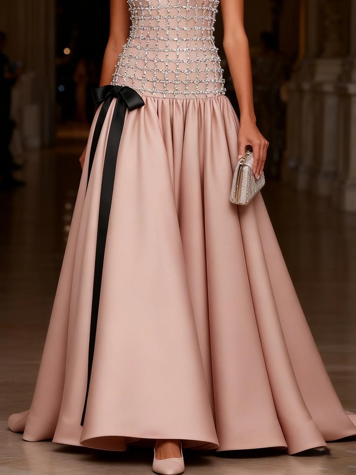 Pink Rhinestone Glitter Satin Halter Sleeveless A-Line Gown Dress