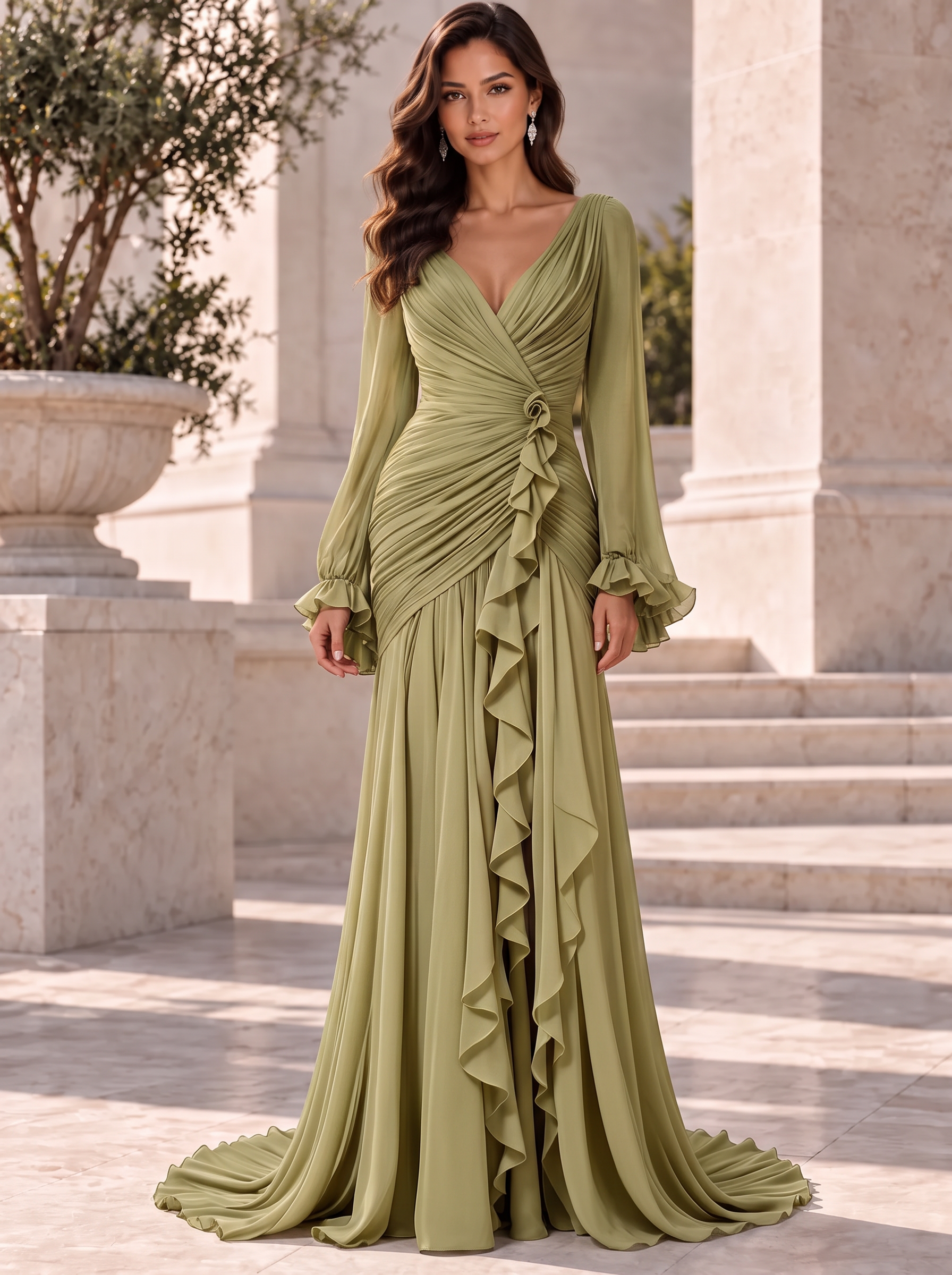 V-Neck Sheer Long Sleeve Ruffled Chiffon Dress