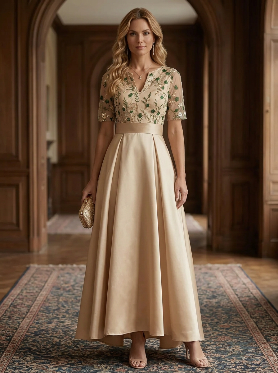 Champagne V-Neck Short Sleeve Floral Embroidery A-Line Maxi Dress