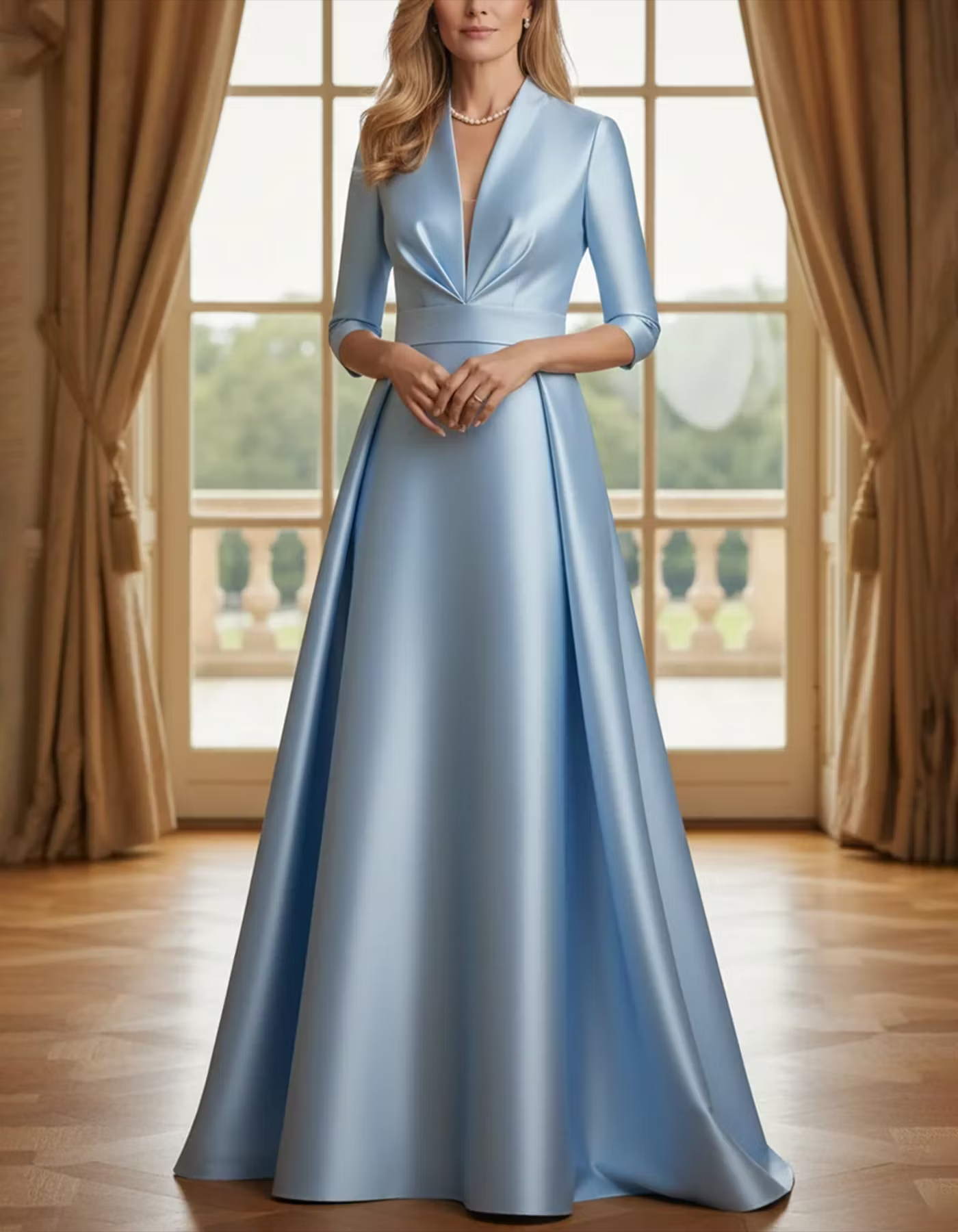 Light Blue Satin Deep V Elbow Sleeve Maxi Dress
