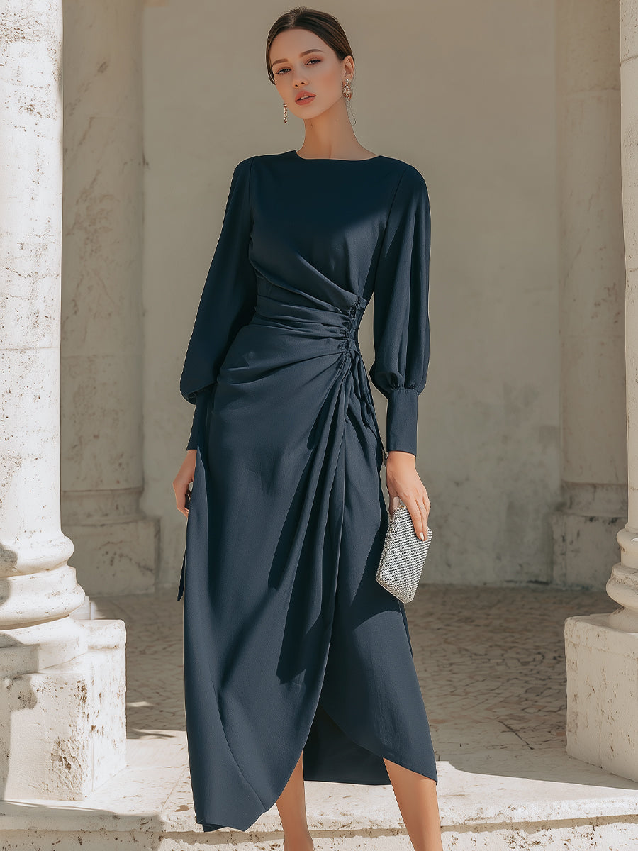 Draped Side-Tie Midi Dress With Elegant Long Sleeves