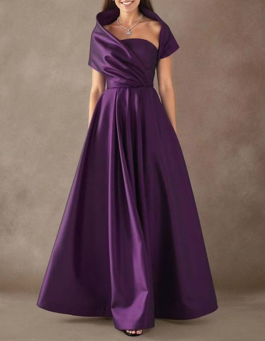  Deep Purple Satin One Shoulder Draped A-Line Maxi Dress