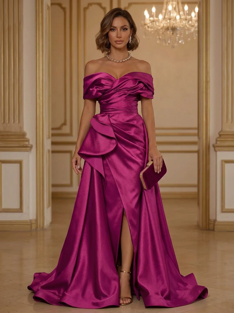 Fuchsia Off-the-Shoulder Short Sleeve Asymmetric Ruffle Front Slit Sheath Maxi Dress