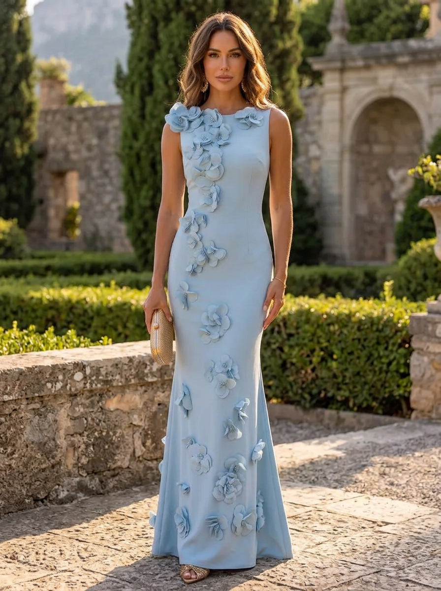 Dusty Blue Bateau Neck Sleeveless 3D Floral Applique Sheath Maxi Dress