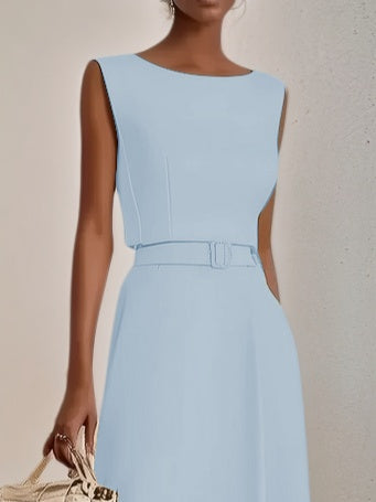Light Blue Classic Boat Neck Sleeveless A Line Midi Dress
