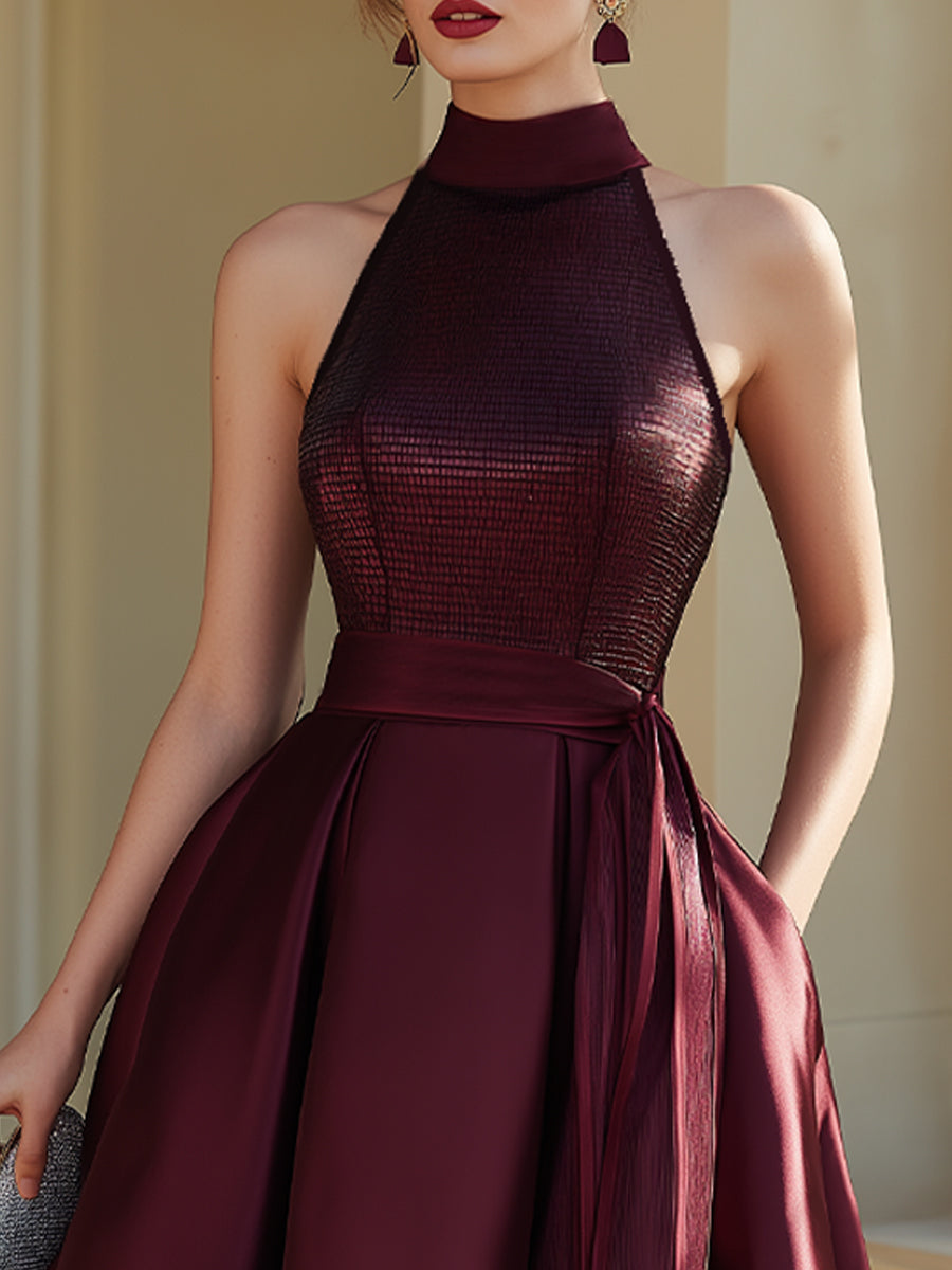 Burgundy Halter Neck Pleated Midi Dress