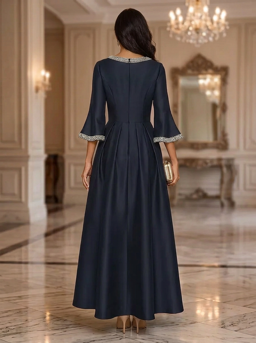 Navy Blue Round Neck 3/4 Flare Sleeve Rhinestone Embellished A-Line Maxi Dress