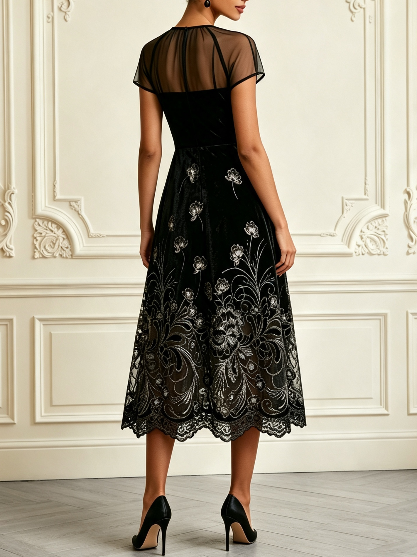 Black Embroidery Velvet Crew Neck Short Sleeve A-Line Midi Dress