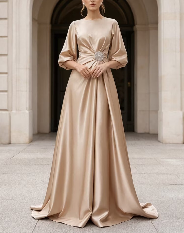 Champagne Boat Neck Puff Sleeve Satin Floor‑Length Maxi Dress