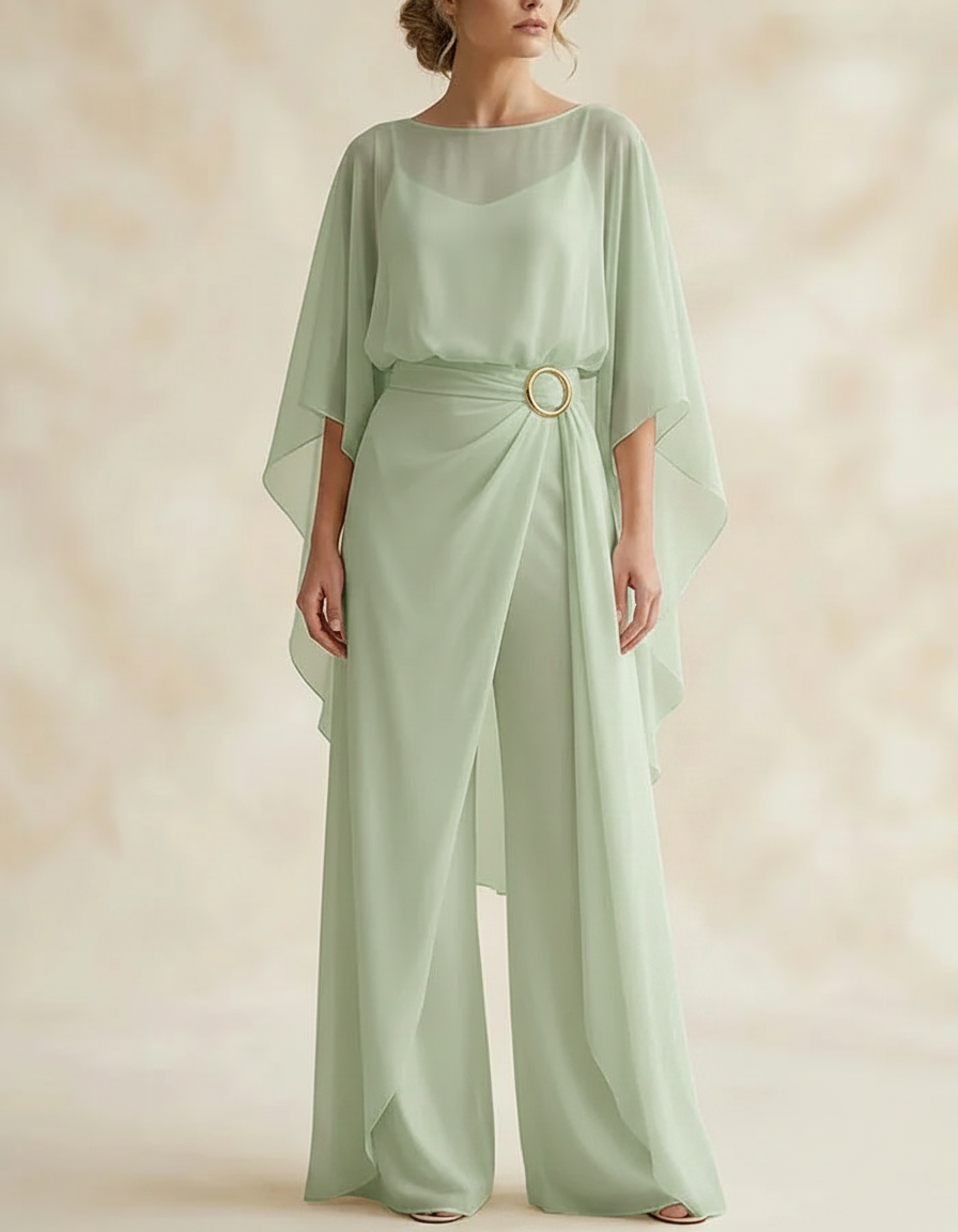 Elegant Chiffon Cape Sleeve Belted Wide Leg Jumpsuit