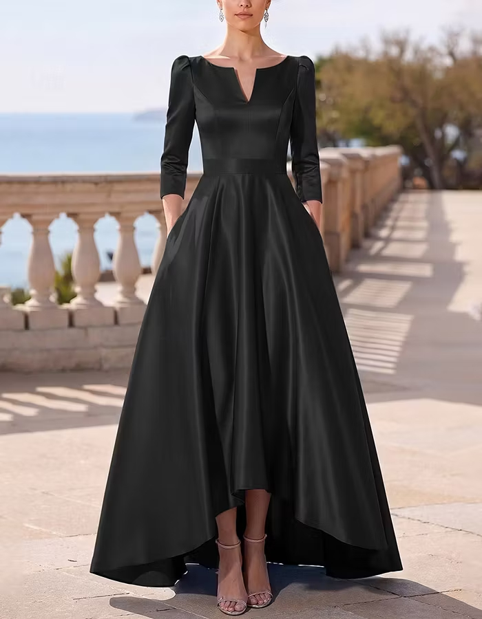 Light Blue Notch V‑Neck Three‑Quarter Sleeve Satin High‑Low A‑Line Maxi Dress
