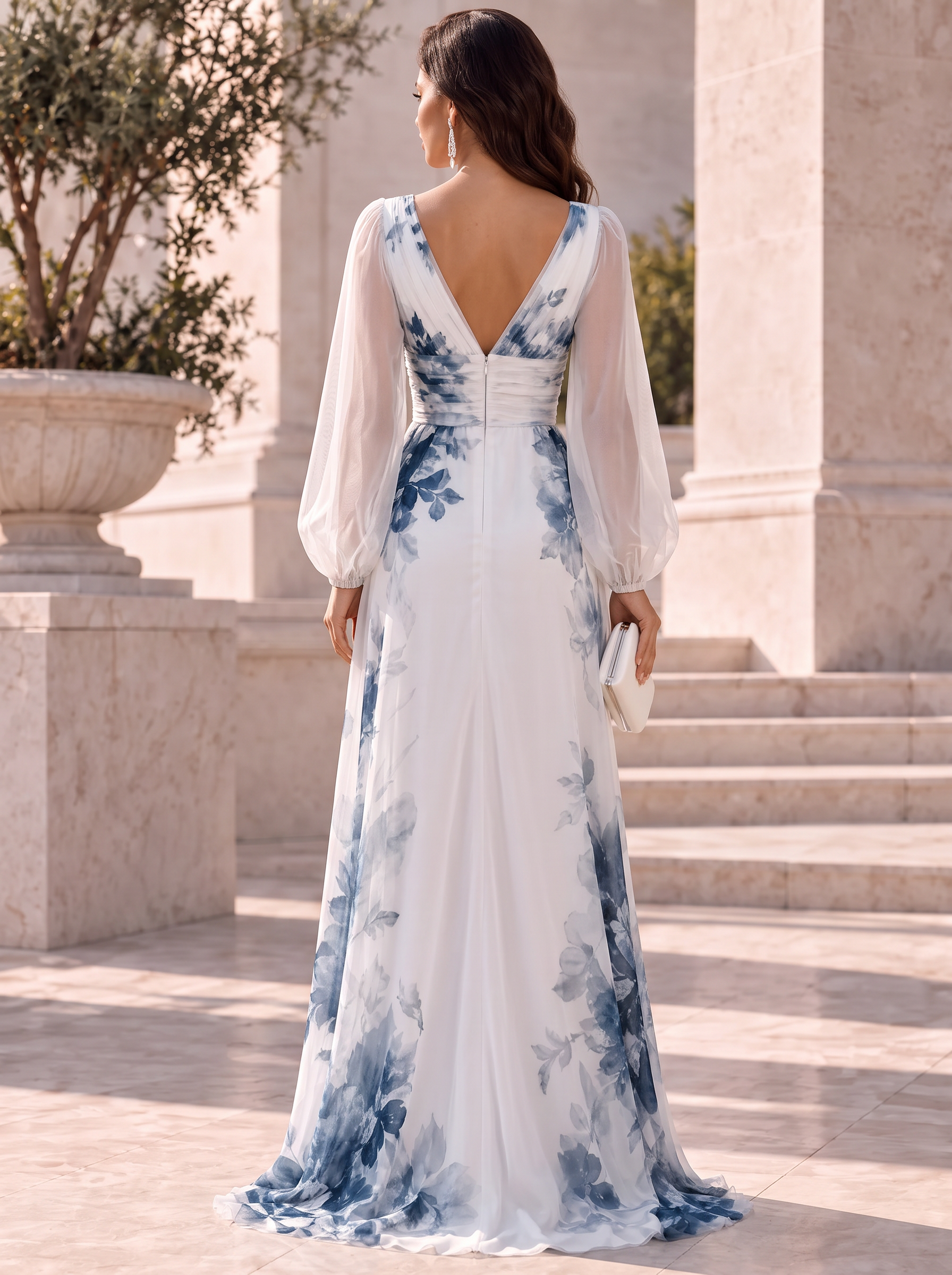 White Front Slit Sheer Mesh Printed Maxi Dress