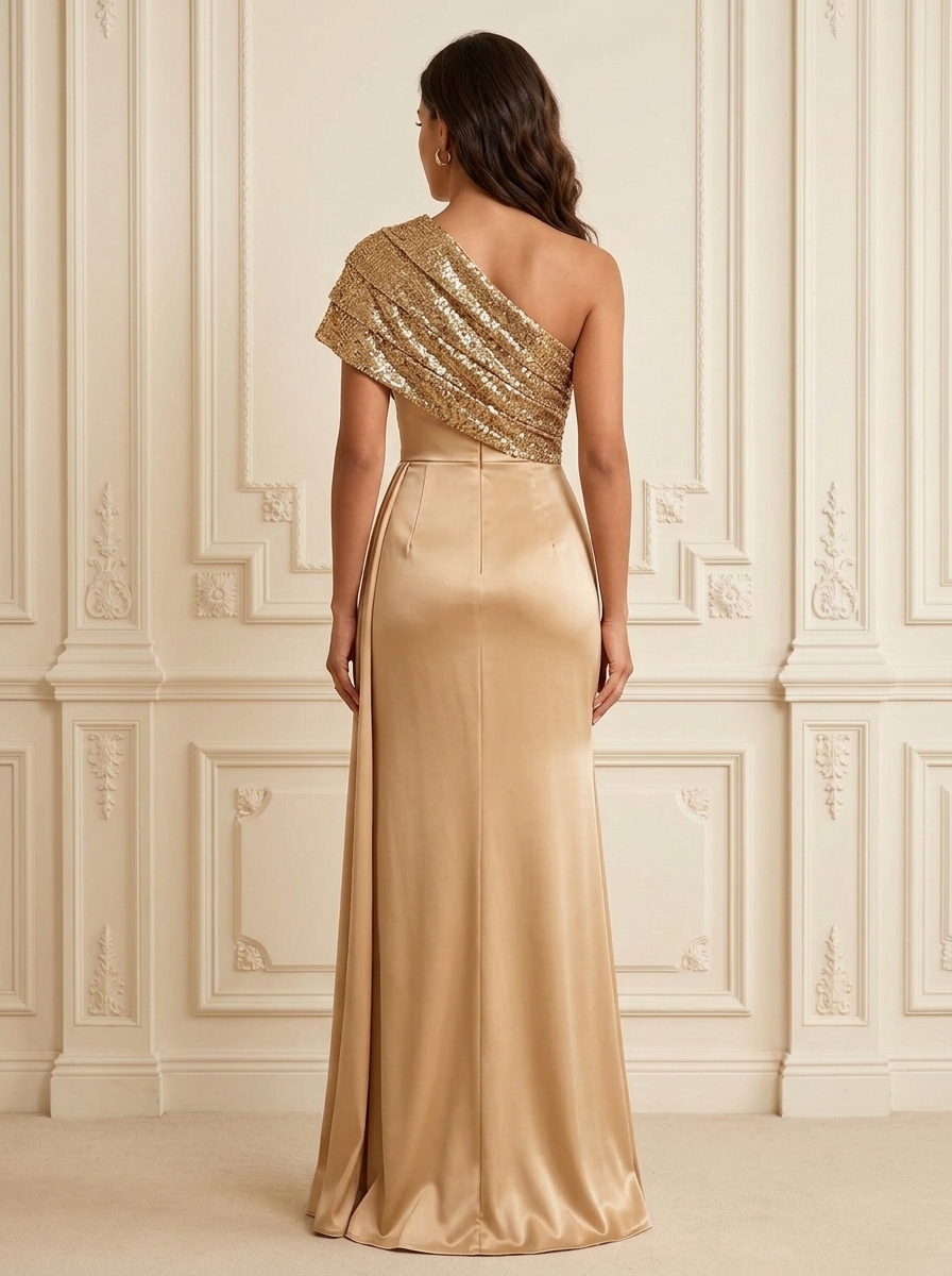 Champagne One Shoulder Sequin Satin Maxi Evening Gown