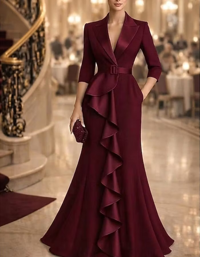 V Neck 3/4 Sleeve Belted Waist Cascading Ruffle Satin Maxi Dress
