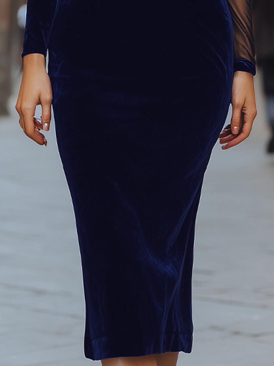 Sheer-Yoke Velvet Bodycon Midi Dress