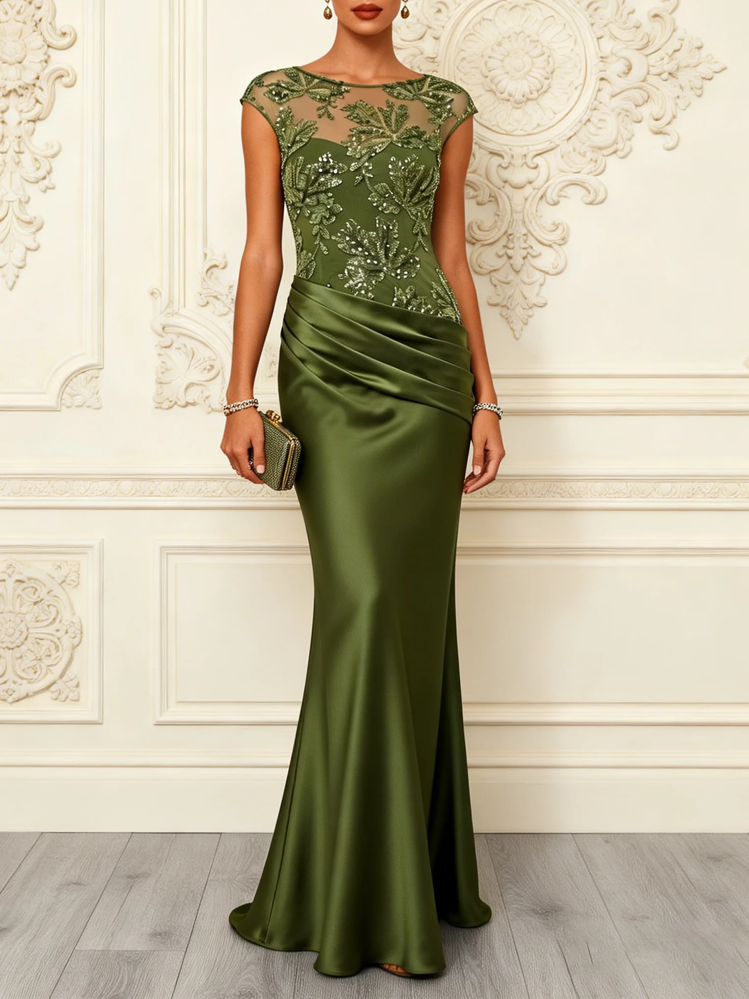 Olive Green Cap Sleeve Lace Beaded Bodice Satin Ruched Mermaid Maxi Evening Gown