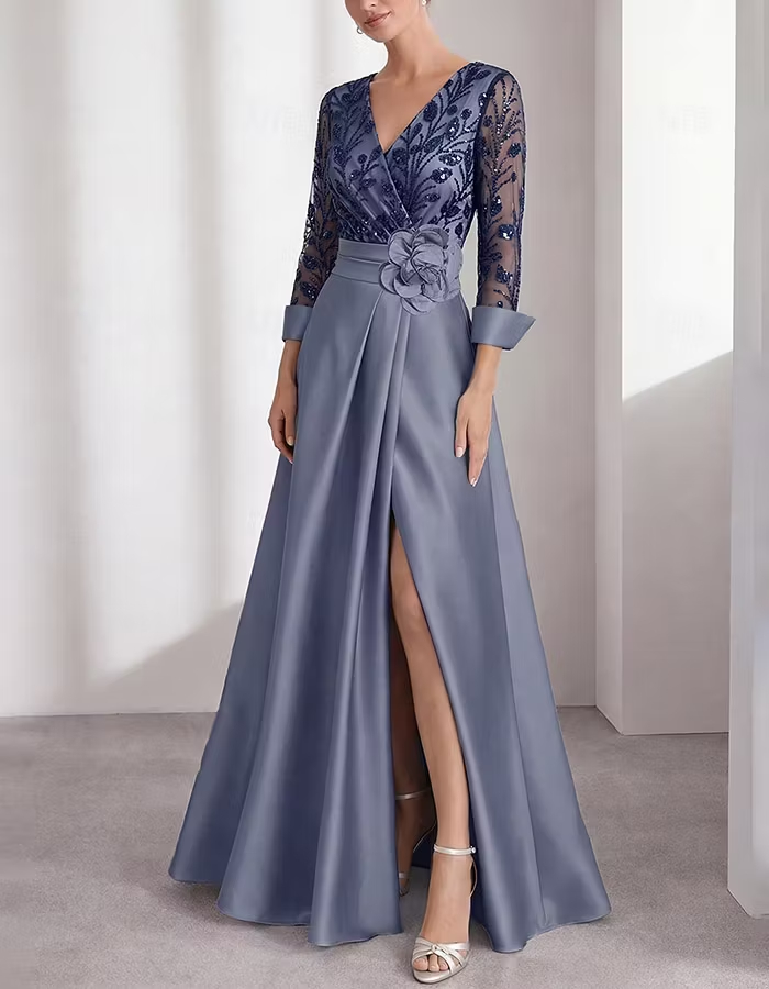 Pink Satin & Sequin V-Neck 3D Floral Maxi Dress