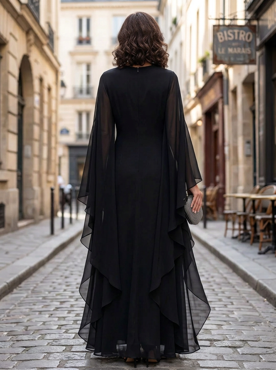 Black Round-Neck Layered-Ruffle Sheer-Sleeve Flowing Maxi Dress
