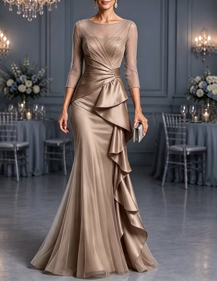 Illusion Round Neck Tulle & Satin Cascading Ruffles 3/4 Sleeve Mermaid Maxi Dress