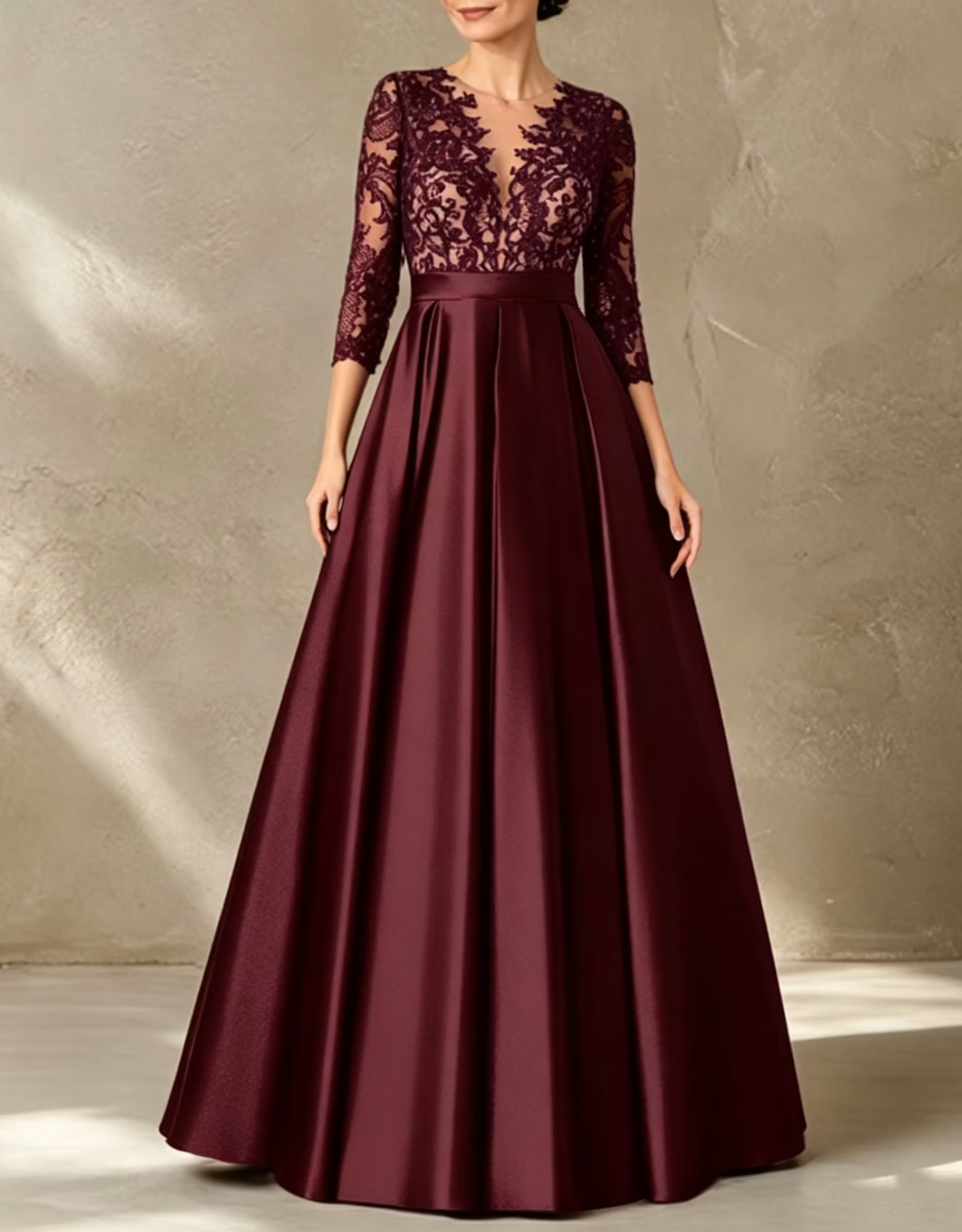 Deep V‑Neck Illusion Lace Embroidered Satin 3/4 Sleeve A‑Line Maxi Dress