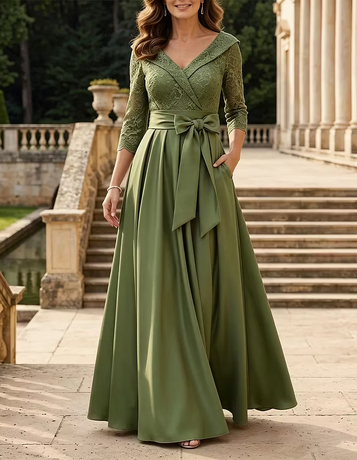 Dusty Rose V-Neck 3/4 Sleeve Lace Bodice Sash Bow A-Line Maxi Dress