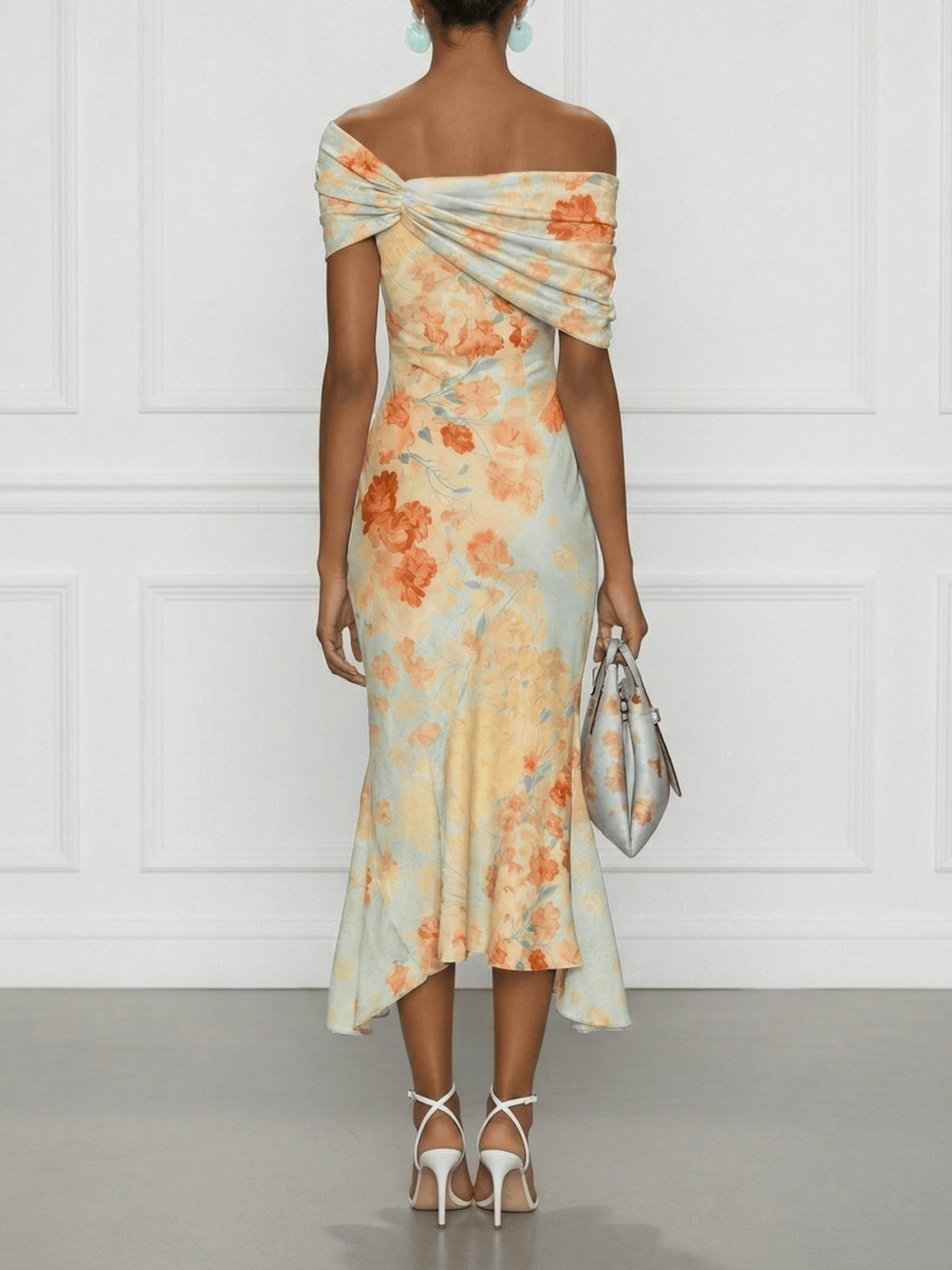 Light Blue Floral Classic Off The Shoulder Sleeveless Mermaid Midi Dress