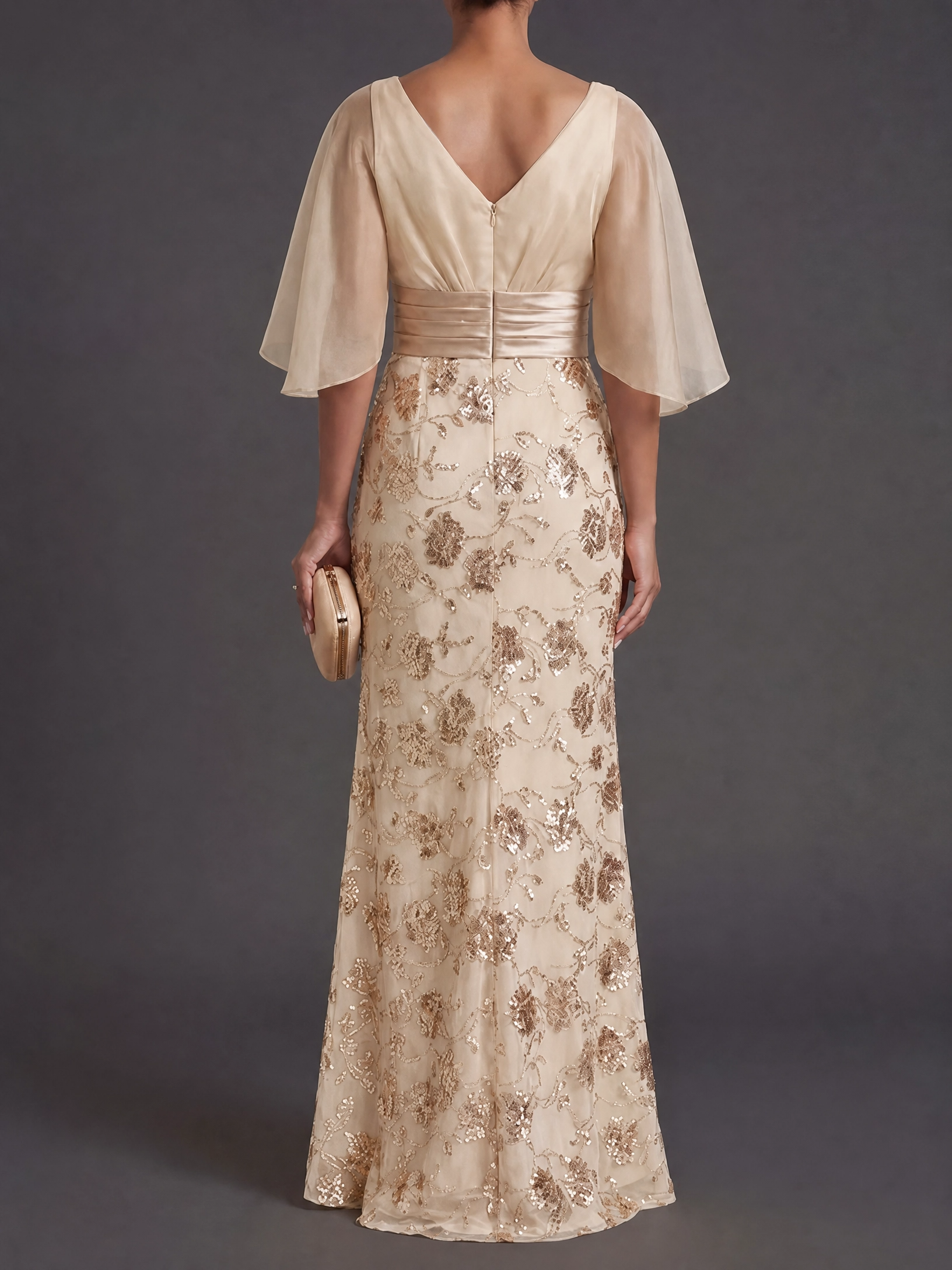 Champagne-colored Boat-neck Floral Lace Maxi Dress