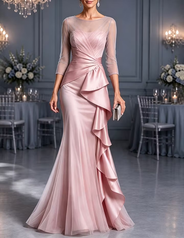 Illusion Round Neck Tulle & Satin Cascading Ruffles 3/4 Sleeve Mermaid Maxi Dress