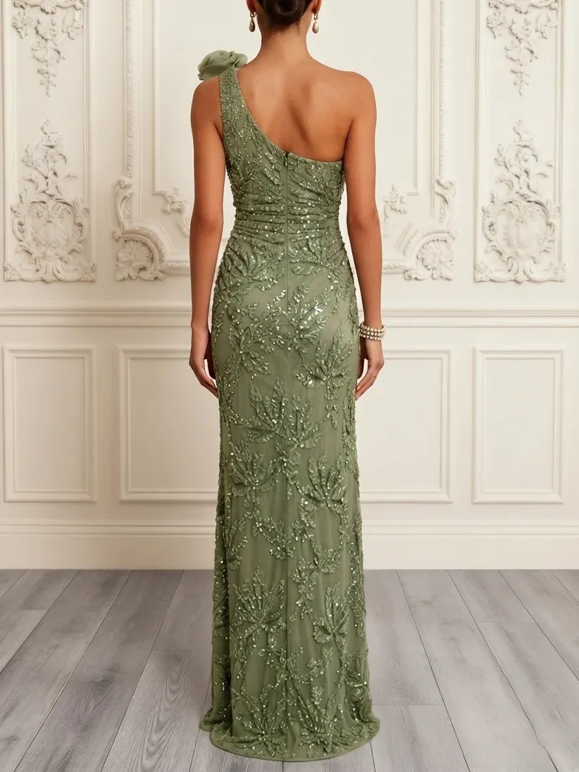 camo green bridesmaid dresses Army 3D Floral Glitter Tulle One Shoulder Sleeveless A-Line Gown Dress – vulldy IND01