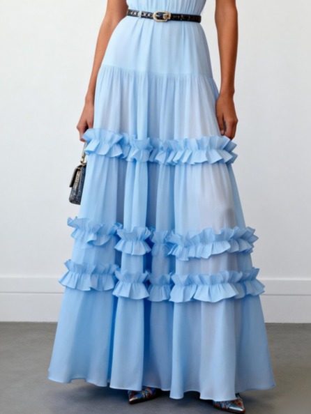 Blue Ruffled Chiffon Halter Sleeveless A-Line Maxi Dress