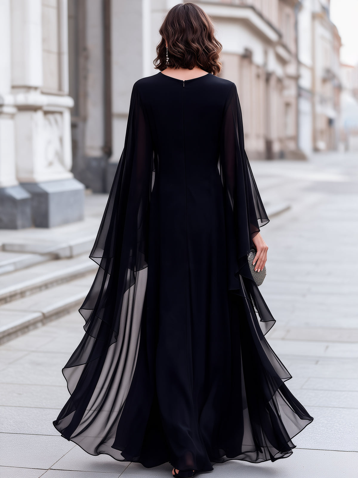 Black Round-Neck Layered-Ruffle Sheer-Sleeve Flowing Maxi Dress