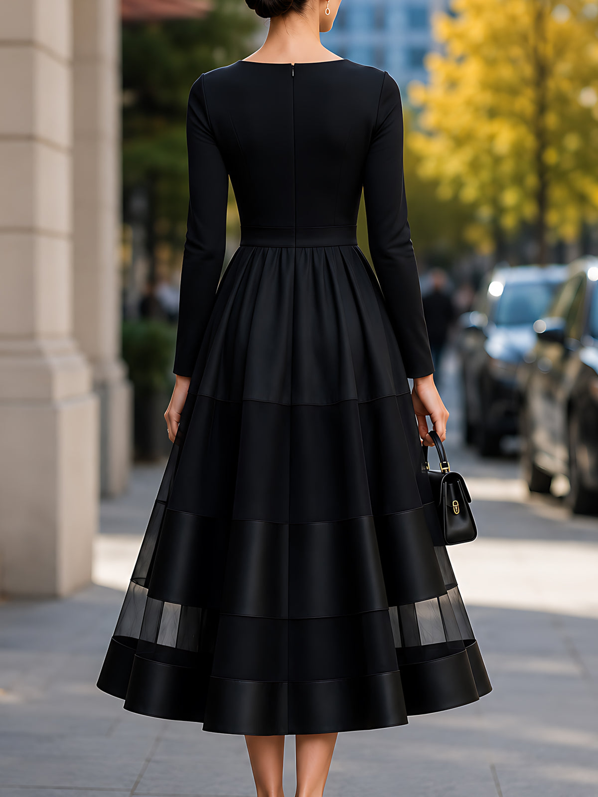 Black Satin Organza Tiered A-Line Maxi Dress