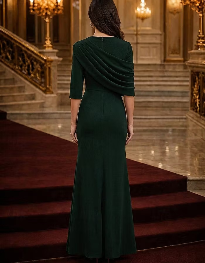 Ruched Mock Neck Mermaid 3/4 Sleeve Maxi Dress
