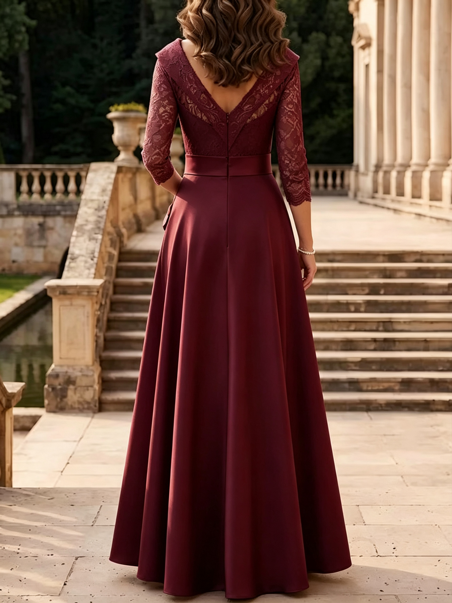 Dusty Rose V-Neck 3/4 Sleeve Lace Bodice Sash Bow A-Line Maxi Dress
