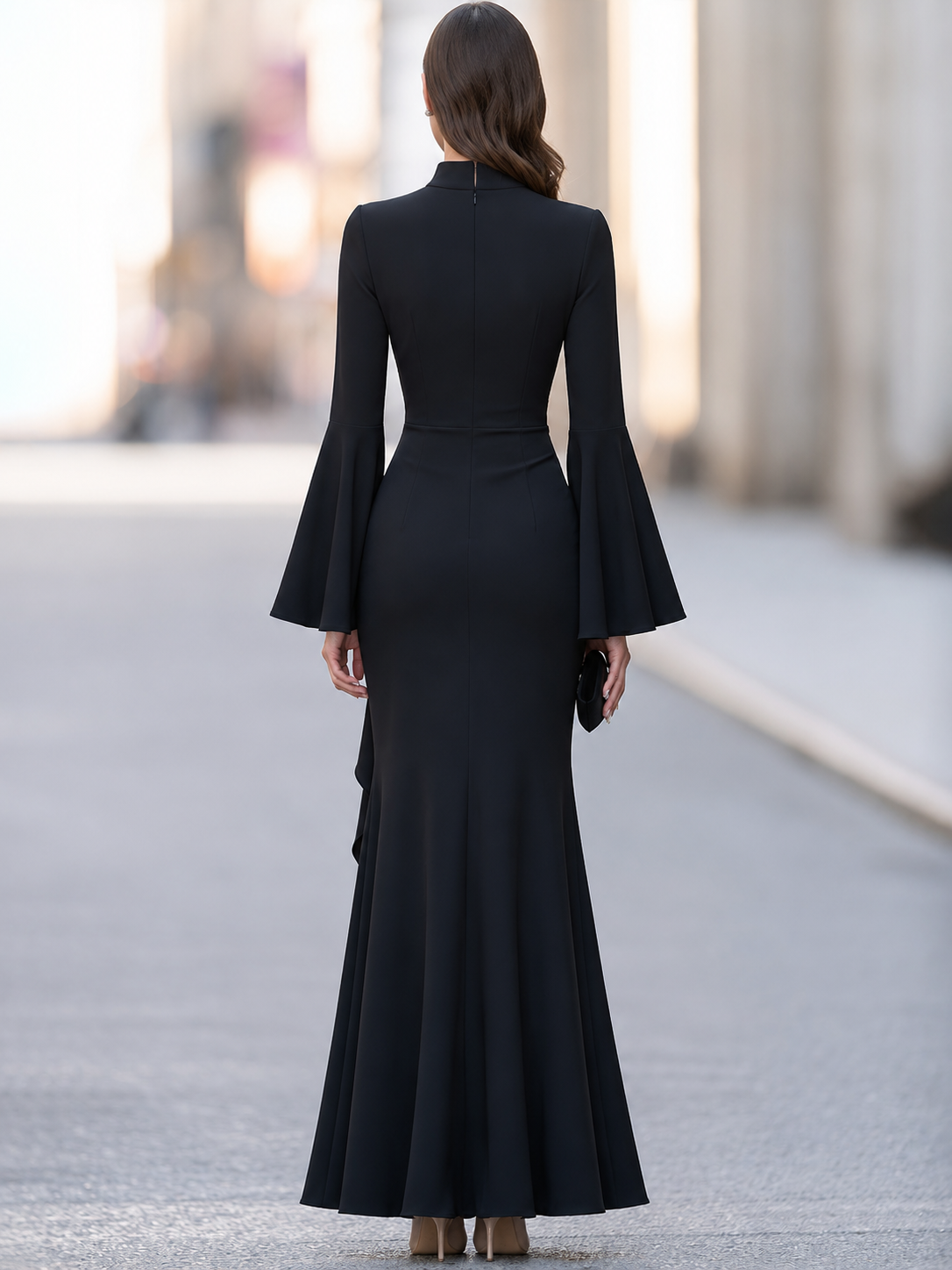 Black Draped Ruffle Bell Sleeve Maxi Dress