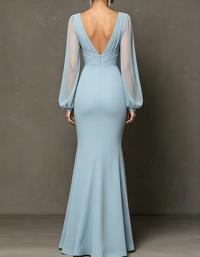 Deep V Sheer Puff Sleeve 3D Petal Chiffon Maxi Dress