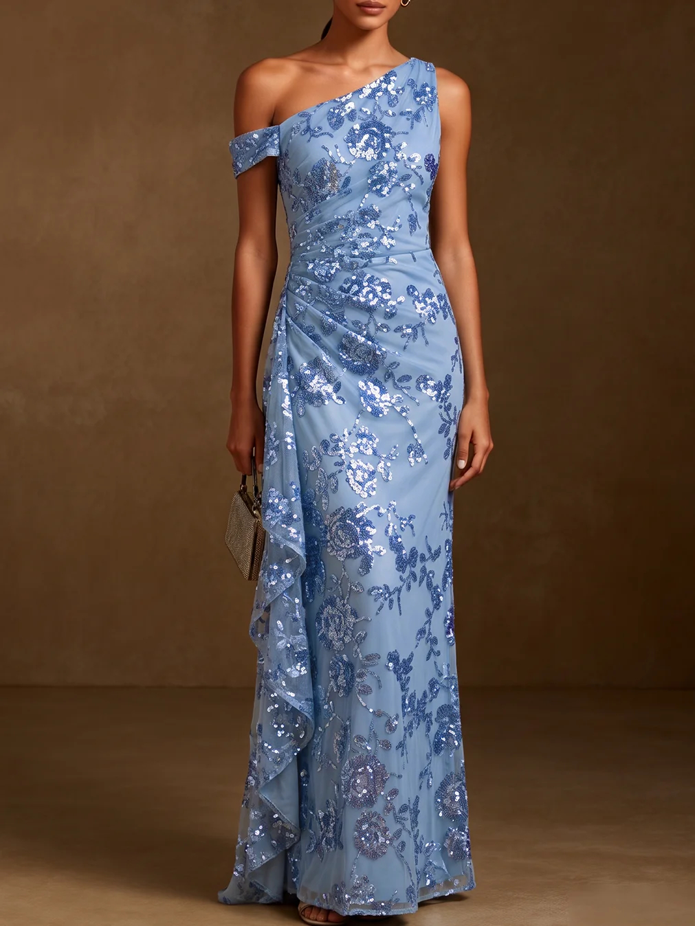 Light Blue Ruffled Sequin Asymmetrical Collar Short Sleeve Mermaid Gown Dress $179