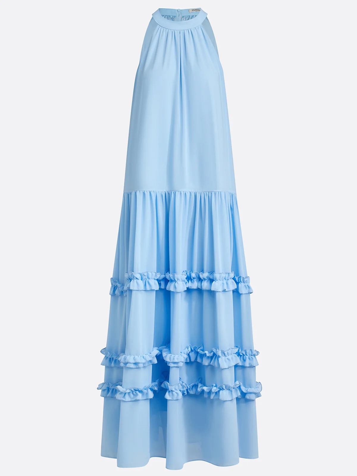 Blue Ruffled Chiffon Halter Sleeveless A-Line Maxi Dress