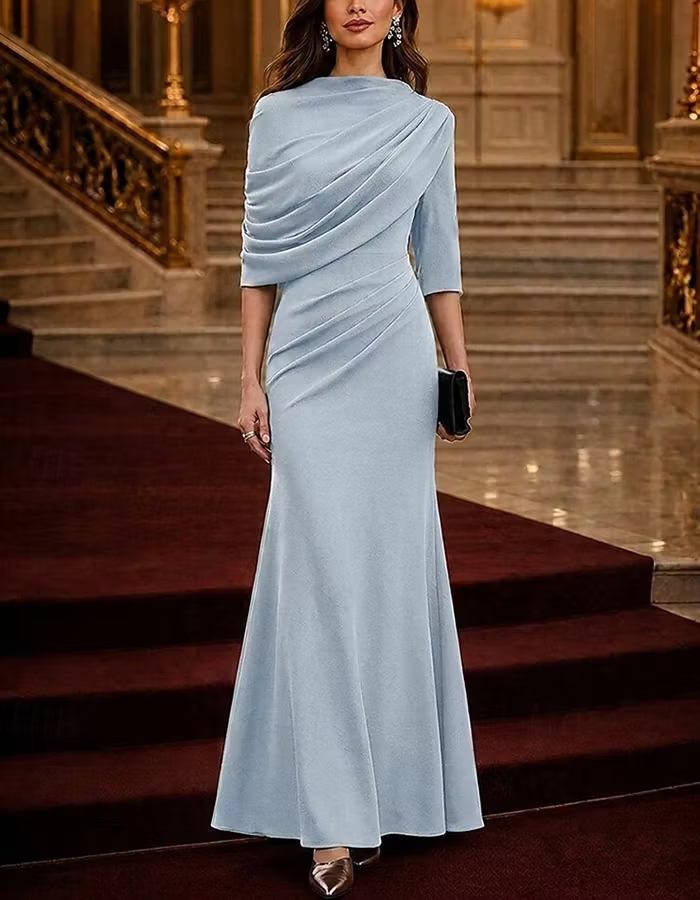 Ruched Mock Neck Mermaid 3/4 Sleeve Maxi Dress